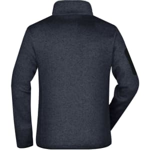 A men's knitted fleece jacket in navy blue, featuring a high collar and a side logo patch.