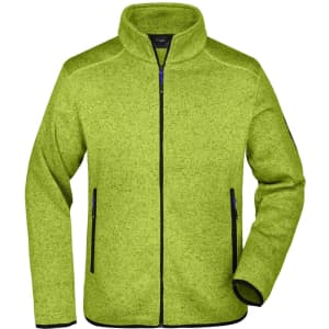 A knitted fleece jacket in vibrant green with a high collar and contrasting black zippers on the pockets.