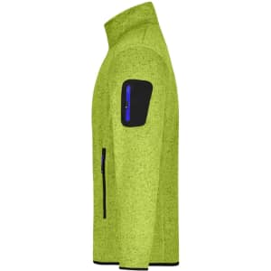 A bright lime green men's knitted fleece jacket with a black pocket and zippers. Features a high collar.