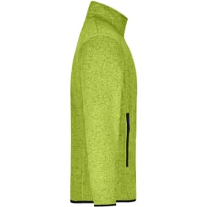 A men's knitted fleece jacket in vibrant lime green, featuring a side zip pocket and a high collar.