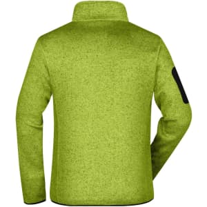 A green knitted fleece jacket with a high collar and a black patch on one sleeve.