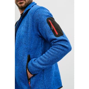 A men's knitted fleece jacket in bright blue, featuring black accents and zipped pockets.