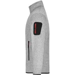 A men's knitted fleece jacket in grey with black accents and a zip pocket on the arm. Features a high collar.