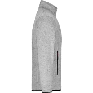 A men's knitted fleece jacket in light grey with a zippered pocket and a high collar.