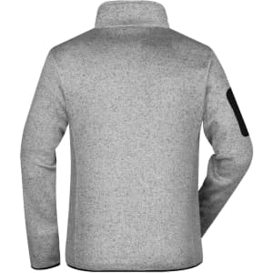 A grey knitted fleece jacket with a collar and a black patch on the sleeve, featuring a simple design.
