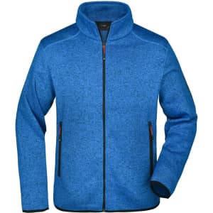 A blue men's knitted fleece jacket featuring a zippered front and two side pockets, with branding on the chest.