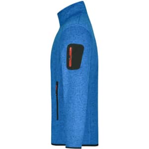 A blue men's knitted fleece jacket with a zippered arm pocket and two zippered front pockets.