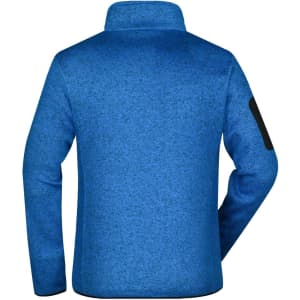 A blue knitted fleece jacket featuring a high collar and a black logo on the sleeve, shown from the back.
