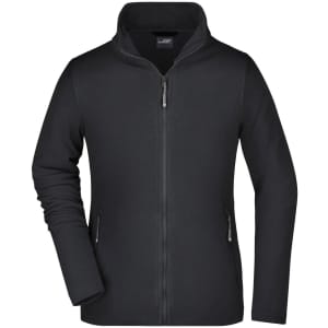 A black ladies' basic fleece jacket featuring a zip front and side pockets, with a collar and a logo.