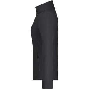 A side view of a black ladies basic fleece jacket featuring a zip pocket and a high collar. It has a simple design and includes a logo.