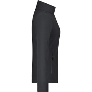 A black ladies’ basic fleece jacket displayed from the side, featuring a zip pocket and a collar.