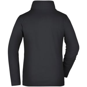 A black polar fleece jacket for ladies, featuring a high collar and long sleeves, with a logo present.