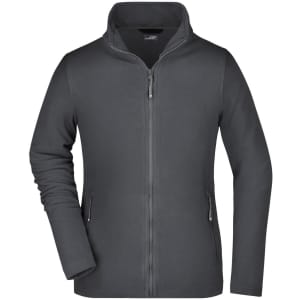 A polar fleece jacket in dark grey with a zippered front and side pockets, featuring a logo on the chest.
