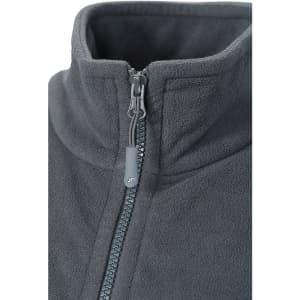 A close-up of a grey polar fleece jacket featuring a zippered collar and a logo on the zipper pull.