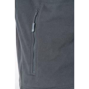 A grey ladies' polar fleece jacket featuring a zippered pocket on the side. It has a soft, textured fabric.