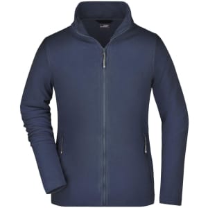 A navy fleece jacket with a zip front, featuring two side pockets and a high collar. It has a logo on the upper-left side.