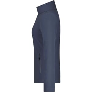 A navy polar fleece jacket featuring a high collar and a side zip pocket. The jacket has a simple, fitted design.