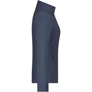 A side view of a navy blue ladies basic fleece jacket with a zip pocket and a high collar.