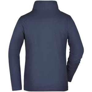 A navy blue ladies basic fleece jacket with a high collar and long sleeves, featuring a logo on the back.