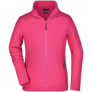 A pink fleece jacket with a zippered front and two side pockets, featuring a branding logo.