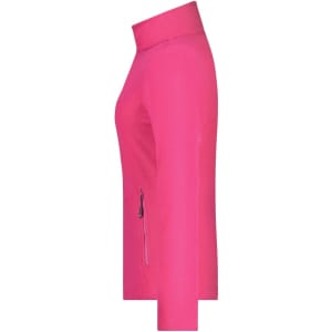 A ladies' polar fleece jacket in bright pink, featuring a high collar and a zippered pocket. It has a logo on it.