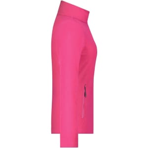 A vibrant pink ladies' basic fleece jacket featuring a zippered pocket and a high collar. It has a logo on it.