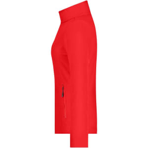 A red polar fleece jacket with a high collar and a side zip pocket, featuring a logo.