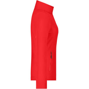 A red fleece jacket with a high collar and zippered side pocket, featuring a logo on the front.