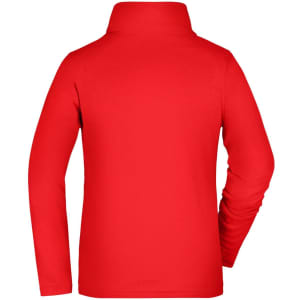 A red ladies' basic fleece jacket featuring a high collar and long sleeves, with a branding logo on the back.