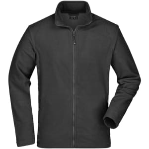 A black polar fleece jacket with a zip fastening and side pockets, featuring a collar and long sleeves.