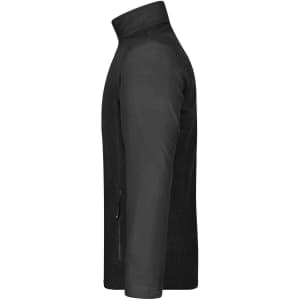 A black men's polar fleece jacket with a high collar and a side zip pocket. The jacket features a logo.