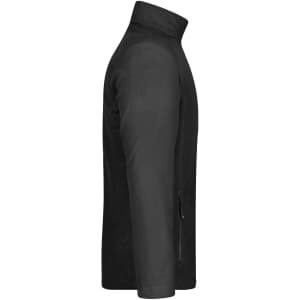 A men's black fleece jacket, featuring a zippered side pocket and a standing collar, with a logo on the chest.