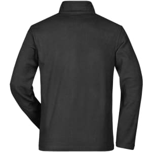 A black men's basic fleece jacket featuring a collar and long sleeves, with a logo on the back.