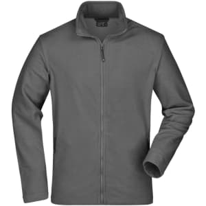 A men's basic fleece jacket in grey, featuring a zip-up front and side pockets. It has a collar and long sleeves.