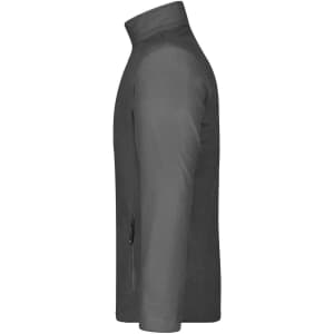 A men's basic fleece jacket in grey, featuring a high collar and a zippered side pocket.