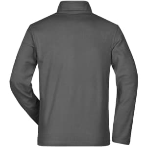 A men's basic fleece jacket in grey with a collar and long sleeves, featuring a logo on the back.