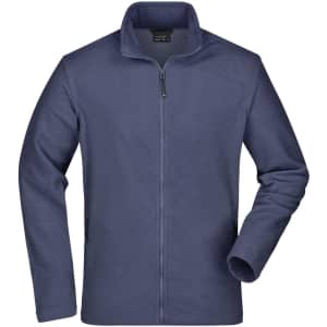 A men's basic fleece jacket in navy blue with a full zip and a small logo on the chest.