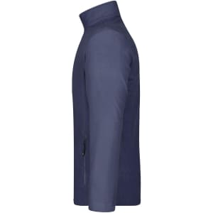 A navy polar fleece jacket with a high collar and a side zippered pocket, featuring a logo.