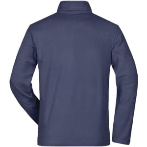 A navy fleece jacket with a collar and long sleeves, featuring a branding logo on the back.