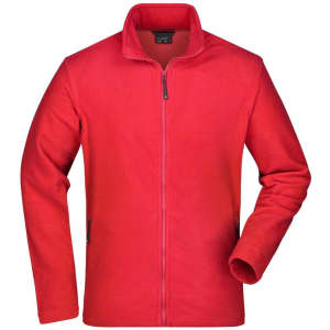 A red polar fleece jacket with a zip front and long sleeves, featuring side pockets and a logo.