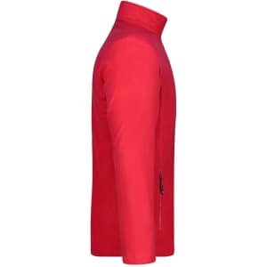 A red polar fleece jacket with a zip pocket, featuring a collar and a branded logo.