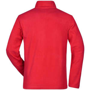A red polar fleece jacket with a collar and long sleeves, featuring a branding logo.