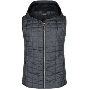 A ladies' knitted hybrid vest in grey with a hood, featuring a quilted design and a front zipper.