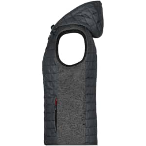 A knitted hybrid vest in dark grey, featuring a hood and an open sleeve design. It includes a zipper pocket and has a logo.