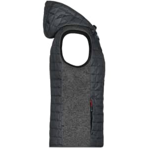 A grey and black knitted hybrid vest with a hood, featuring a quilted design and a side zip pocket.