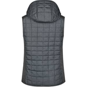 A grey knitted hybrid vest with a hood and quilted design, featuring a logo on the back.