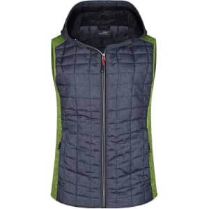 A knitted hybrid vest featuring a grey quilted front and green sides, complete with a hood and a zip closure.