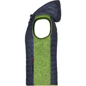 A green and navy knitted hybrid vest featuring a hood and sleeveless design, with a zip pocket on the side.