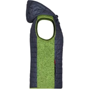 A knitted hybrid vest featuring a navy hood and a vibrant green body, with an open arm design and logo branding.