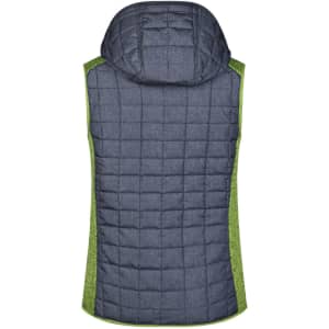 A women's knitted hybrid vest featuring a navy quilted design with a green panel on the sides and a hood.
